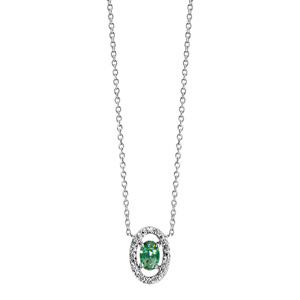 Collier en argent rhodi� collection joaillerie cha�ne avec pendentif oxyde ovale vert et entourage d\'oxydes blancs sertis - longueur 40cm + 4cm de rallonge - Vue 2