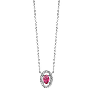Collier en argent rhodi� collection joaillerie cha�ne avec pendentif oxyde ovale fuchsia et entourage d\'oxydes blancs sertis - longueur 40cm + 4cm de rallonge - Vue 2