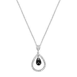 Collier en argent rhodi� cha�ne avec pendentif goutte suspendue orn�e d\'oxydes blancs et perle grise de synth�se - longueur 40cm + 4cm - Vue 2