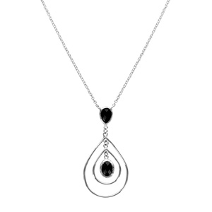 Collier en argent rhodi� cha�ne avec pendentif oxyde noir retenant 2 gouttes en fil suspendues et oxyde ovale noir suspendu au milieu - longueur 40cm + 4cm de rallonge - Vue 2
