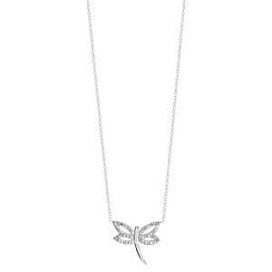 Collier en argent rhodi� cha�ne avec pendentif libellule ajour�e avec ailes orn�es d\'oxydes blancs au milieu - longueur 37cm + 4cm de rallonge - Vue 2