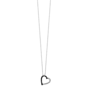 Collier en argent rhodi� cha�ne avec pendentif coeur �vid� avec 1 moiti� en oxydes blancs sertis et l\'autre en oxydes noirs - longueur 40cm + 4cm de rallonge - Vue 2