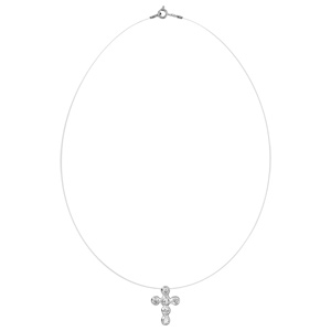 Collier en argent rhodi� fil en nylon avec pendentif croix en oxydes blancs sertis clos - longueur 42cm - Vue 2