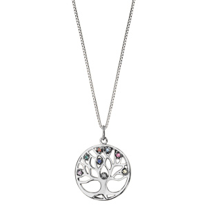 Collier en argent rhodi� cha�ne avec pendentif rond arbre de vie d�coup� et empierr� multi couleurs 42+3cm - Vue 2