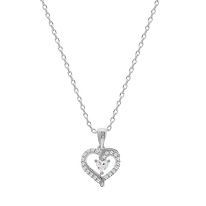 Collier en argent rhodi� cha�ne avec pendentif coeur contour oxydes blancs 42+3cm - Vue 2