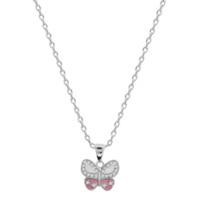 Collier en argent rhodi� cha�ne avec pendentif papillon pav� d\'oxydes blancs et couleur rose 42+3cm - Vue 2