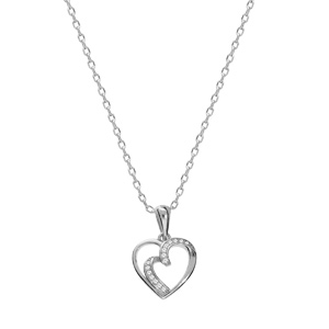Collier en argent rhodi� cha�ne avec pendentif coeur torsade d\'oxydes blancs 42+3cm - Vue 2