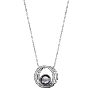 Collier en argent rhodi� cha�ne avec pendentif 2 anneaux superpos�s dont 1 lisse et l\'autre orn� d\'oxydes blancs sertis et avec 1 perle grise synth�tique au milieu - longueur 40cm + 4cm de rallonge - Vue 2