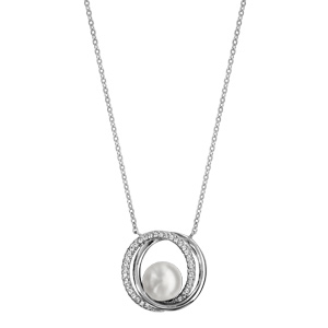 Collier en argent rhodi� cha�ne avec pendentif 2 anneaux superpos�s dont 1 lisse et l\'autre orn� d\'oxydes blancs sertis et avec 1 perle blanche synth�tique au milieu - longueur 40cm + 4cm de rallonge - Vue 2