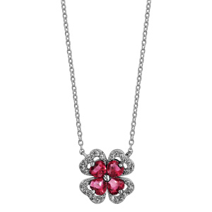 Collier en argent rhodi� collection joaillerie cha�ne avec pendentif tr�fle � 4 feuilles en oxydes rouges avec contours en oxydes blancs sertis - longueur 40cm + 4cm de rallonge - Vue 2
