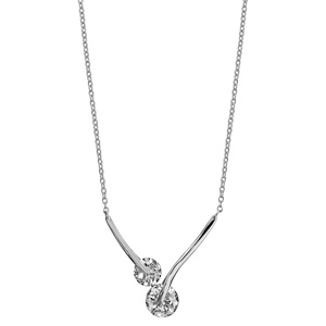 Collier en argent rhodi� cha�ne avec pendentif 2 baguettes lisses avec 1 oxyde rond blanc � chaque extr�mit� et qui se rejoignent - longueur 40cm + 4cm de rallonge - Vue 2