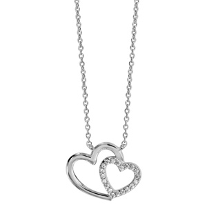 Collier en argent rhodi� cha�ne avec pendentif 2 coeurs crois�s, 1 lisse et l\'autre orn� d\'oxydes blancs sertis - longueur 40cm + 4cm de rallonge - Vue 2