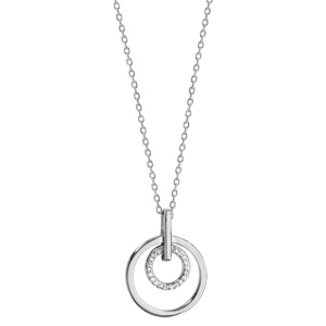 Collier en argent rhodi� cha�ne avec pendentif 1 anneau lisse et 1 anneau orn� d\'oxydes blancs � l\'int�rieur - longueur 45cm - Vue 2