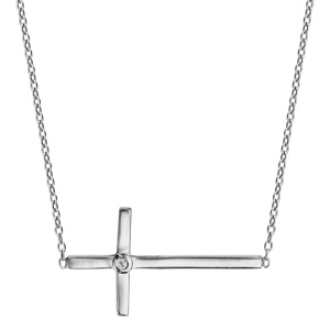 Collier en argent rhodi� cha�ne avec pendentif croix lisse couch�e et 1 oxyde blanc serti � l\'intersection - longueur 39,5cm + 3cm de rallonge - Vue 2