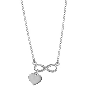 Collier en argent rhodi� cha�ne avec pendentif symbole infini orn� d\'1 coeur lisse suspendu - longueur 42cm + 3cm de rallonge - Vue 2