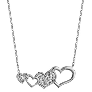 Collier en argent rhodi� cha�ne avec pendentif 4 coeurs altern�s dont 2 ajour�s et 2 pav�s d\'oxydes blancs sertis - longueur 42cm + 3cm de rallonge - Vue 2