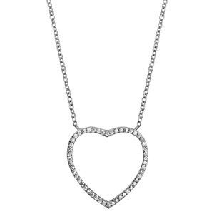 Collier en argent rhodi� cha�ne avec pendentif coeur fin ajour� orn� d\'oxydes blancs - longueur 40cm + 4cm de rallonge - Vue 2