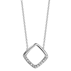 Collier en argent rhodi� cha�ne avec pendentif carr� ajour� avec moiti� orn�e d\'oxydes blancs sertis - longueur 39cm + 3cm de rallonge - Vue 2