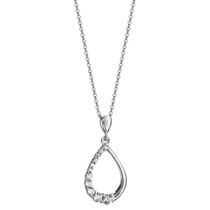 Collier en argent rhodi� cha�ne avec pendentif goutte �vid�e avec 1 moiti� lisse et l\'autre orn�e d\'oxydes blancs - longueur 42cm + 3cm de rallonge - Vue 2