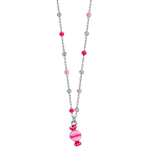 Collier pour enfant en argent rhodi� cha�ne avec boules lisses et couleur rose et pendentif bonbon rose - longueur 37cm + 3cm de rallonge - Vue 2