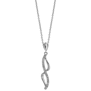 Collier en argent rhodi� cha�ne avec pendentif 2 vagues reli�es aux bouts, 1 en rail d\'oxydes blancs sertis et l\'autre lisse - longueur 40cm + 4cm de rallonge - Vue 2