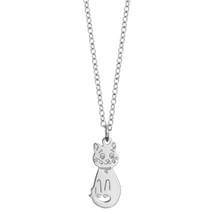 Collier en argent rhodi� cha�ne avec pendentif chat - longueur 35cm + 5cm de rallonge - Vue 2