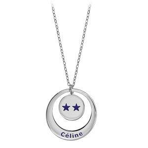 Collier en argent rhodi� cha�ne avec pendentif anneau et m�daille � graver - Champions du monde 2 �toiles avec gravure pr�nom - Vue 2