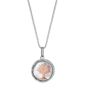 Collier en argent rhodi� cha�ne avec pendentif rond de 14mm en nacre blanche v�ritable avec arbre de vie rose et tour diamant� - longueur 42cm + 3cm de rallonge - Vue 2