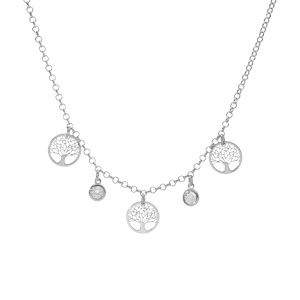 Collier argent rhodi� 3 pampilles rondelles arbre de vie et 2 oxydes blancs sertis clos 40 + 5 cm - Vue 2