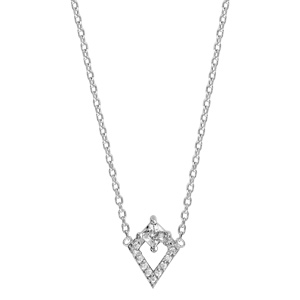 Collier en argent rhodi� cha�ne avec pendentif losange en rail d\'oxydes blancs sertis avec 1 oxyde carr� plus gros en haut - longueur 38cm + 4cm - Vue 2