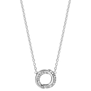 Collier en argent rhodi� cha�ne avec pendentif cercle en 2 brins enroul�s dont 1 lisse et l\'autre orn� d\'oxydes blancs sertis - longueur 38cm + 4cm de rallonge - Vue 2
