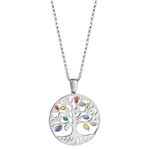 Collier en argent rhodi� cha�ne avec pendentif arbre de vie ajour� et feuilles multicolores - longueur 42cm + 3cm de rallonge - Vue 2