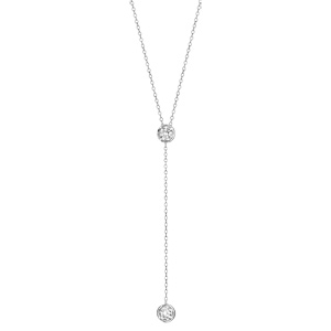 Collier en argent rhodi� forme cravate avec 2 oxydes ronds blancs sertis clos - longueur 41cm + 5cm de rallonge - Vue 2