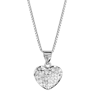 Collier en argent rhodi� cha�ne avec pendentif coeur quadrill� en oxydes blancs sertis - longueur 41cm + 5cm de rallonge - Vue 2