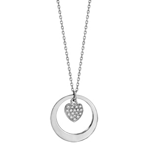 Collier en argent rhodi� cha�ne avec pendentif anneau pr�nom � graver et coeur suspendu - longueur 40cm + 5cm de rallonge - Vue 2