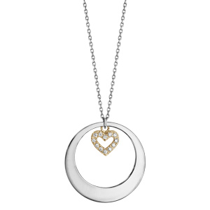 Collier en argent rhodi� avec Pendentif anneau ajour� et coeur en dorure jaune et oxydes blancs 42+3cm - Vue 2