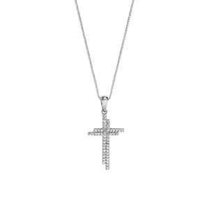 Collier en argent rhodi� cha�ne avec pendentif croix oxydes blancs sertis 42cm + 3cm - Vue 2