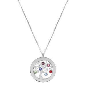 Collier en argent rhodi� cha�ne avec pendentif pr�noms � graver arbre de vie 30mm orn� d\'oxydes couleurs sertis 40+5cm - Vue 2