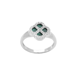 Bague en argent rhodi trfle malachite, contour oxydes blancs - Vue 2