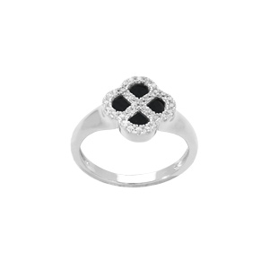 Bague en argent rhodi� tr�fle agate noire v�ritable, contour oxydes blancs - Vue 2