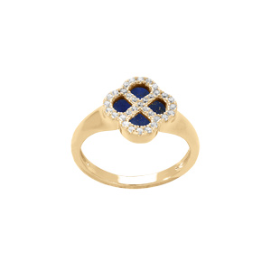 Bague en argent dor trfle verre bleu fonc contour oxydes blancs - Vue 2