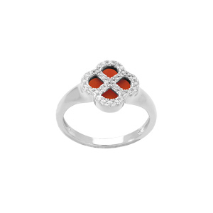 Bague en argent rhodi trfle agate rouge vritable, contour d\'oxydes blancs - Vue 2