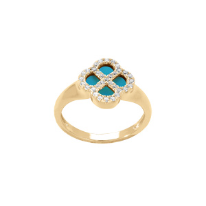 Bague en argent dor� tr�fle turquoise imitation contour oxydes blancs - Vue 2