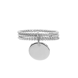 Bague en argent rhodi� triple anneaux boules avec pastille lisse � graver - Vue 2
