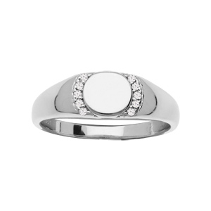 Chevali�re en argent rhodi� petit plateau rond contour d\'oxydes blancs sertis - Vue 2