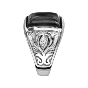 Bague en argent rhodi style Chevalire plateau rectangulaire en Agate noire - Vue 2