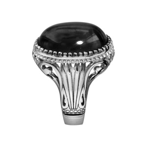 Bague en Argent rhodi� anneau cisel� orn� d\'1 grosse Agate noire - Vue 2