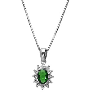 Collier en argent rhodi� collection joaillerie cha�ne avec pendentif ovale et gros oxyde vert au centre orn� de petits oxydes blancs autour formant une marguerite - Vue 2