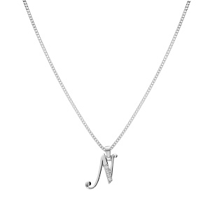 Collier avec pendentif en argent rhodi� initiale N majuscule avec oxydes blancs sertis longueur 42cm + 3cm - Vue 2