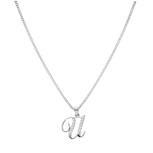 Collier avec pendentif en argent rhodi� initiale U majuscule avec oxydes blancs sertis longueur 42cm + 3cm - Vue 2